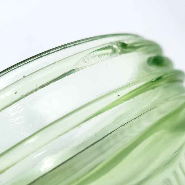 Vintage Green Depression Vaseline Glass Cookie Jar Ribbed No Lid