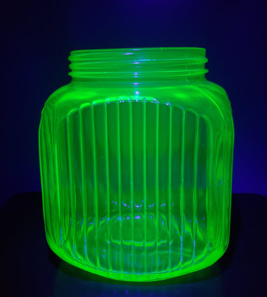 Vintage Green Depression Vaseline Glass Cookie Jar Ribbed No Lid