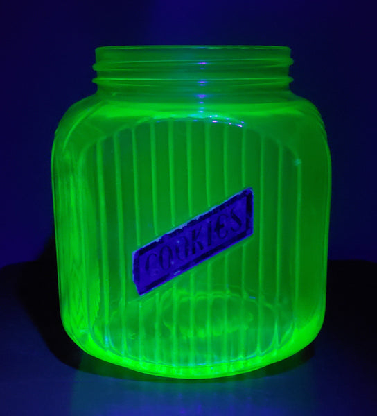 Vintage Green Depression Vaseline Glass Cookie Jar Ribbed No Lid