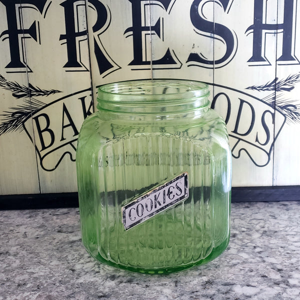 Vintage Green Depression Vaseline Glass Cookie Jar Ribbed No Lid