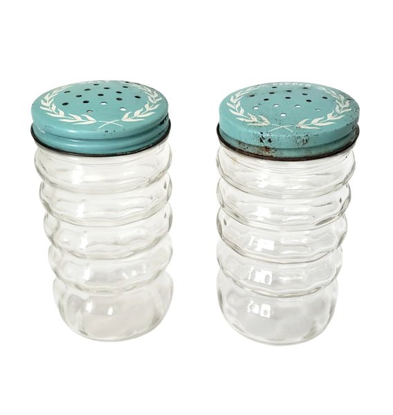 Vintage Clear Glass Salt & Pepper Shakers Ribbed Turquoise Blue Metal Lids 1950s