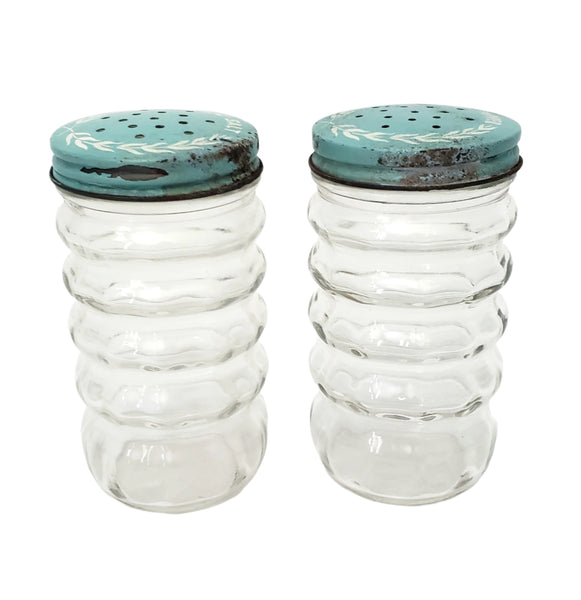 Vintage Clear Glass Salt & Pepper Shakers Ribbed Turquoise Blue Metal Lids 1950s
