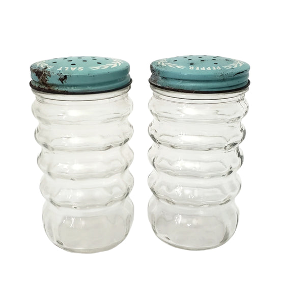 Vintage Clear Glass Salt & Pepper Shakers Ribbed Turquoise Blue Metal Lids 1950s