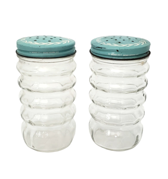 Vintage Clear Glass Salt & Pepper Shakers Ribbed Turquoise Blue Metal Lids 1950s