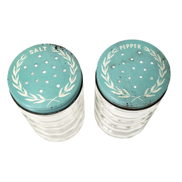 Vintage Clear Glass Salt & Pepper Shakers Ribbed Turquoise Blue Metal Lids 1950s