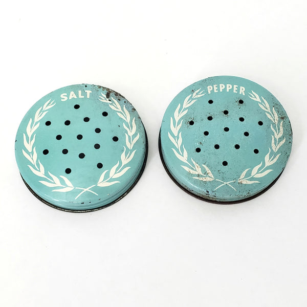 Vintage Clear Glass Salt & Pepper Shakers Ribbed Turquoise Blue Metal Lids 1950s