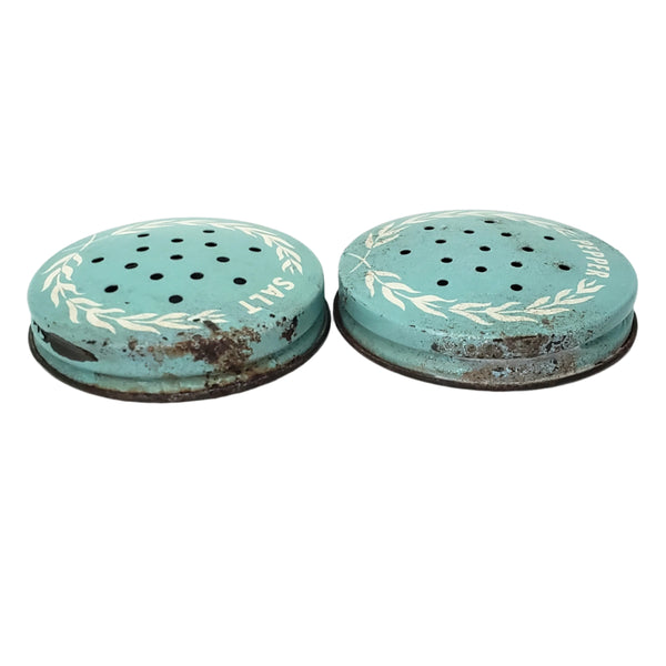 Vintage Clear Glass Salt & Pepper Shakers Ribbed Turquoise Blue Metal Lids 1950s