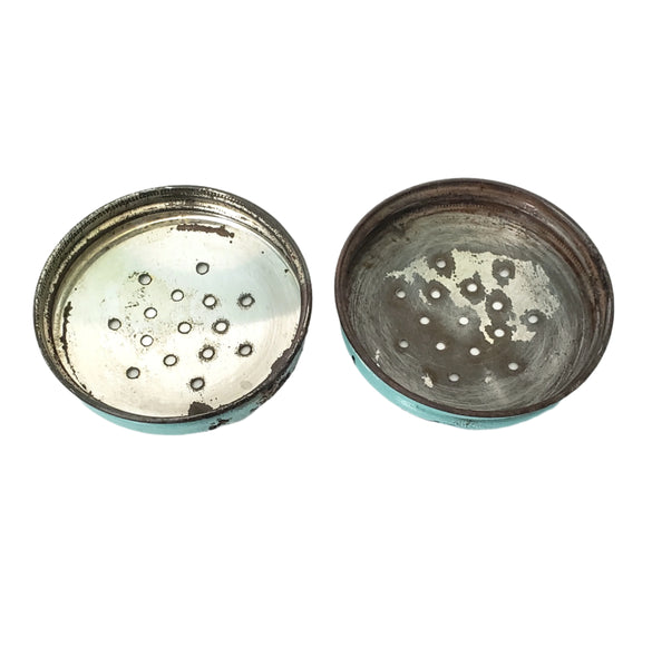Vintage Clear Glass Salt & Pepper Shakers Ribbed Turquoise Blue Metal Lids 1950s