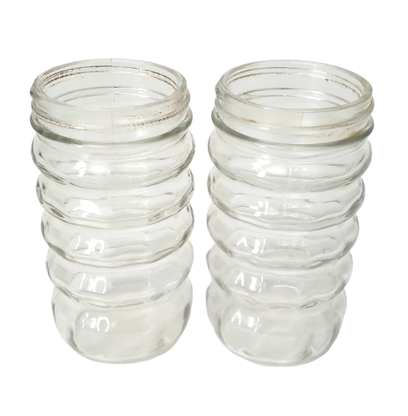 Vintage Clear Glass Salt & Pepper Shakers Ribbed Turquoise Blue Metal Lids 1950s