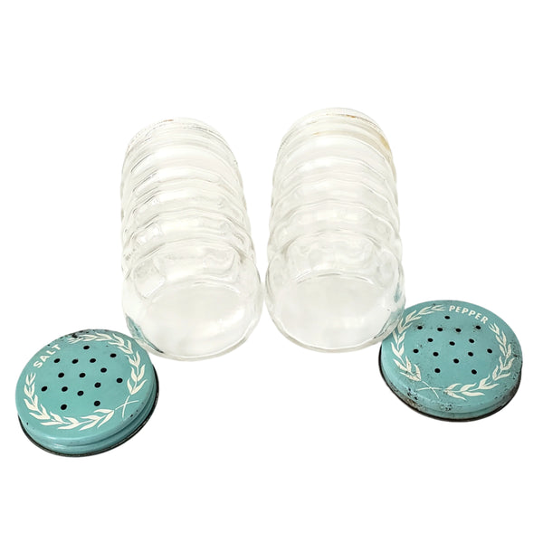 Vintage Clear Glass Salt & Pepper Shakers Ribbed Turquoise Blue Metal Lids 1950s