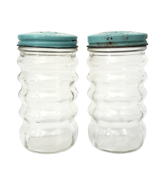 Vintage Clear Glass Salt & Pepper Shakers Ribbed Turquoise Blue Metal Lids 1950s