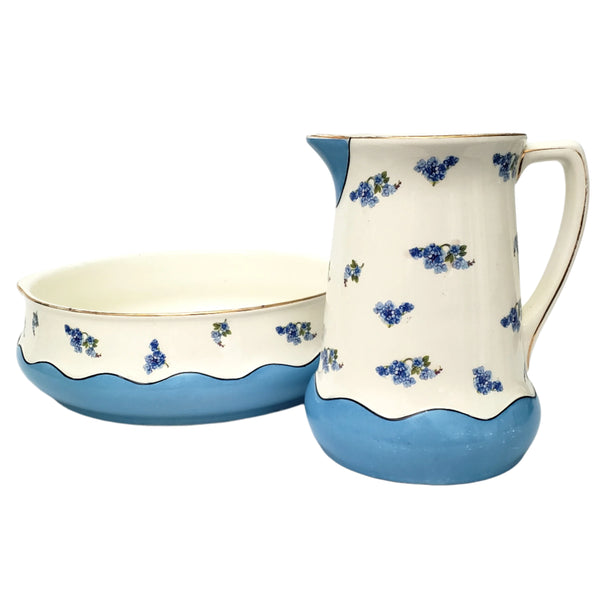 Antique Blue & White Pitcher & Wash Basin Set by Ludwig Wessel Germany
