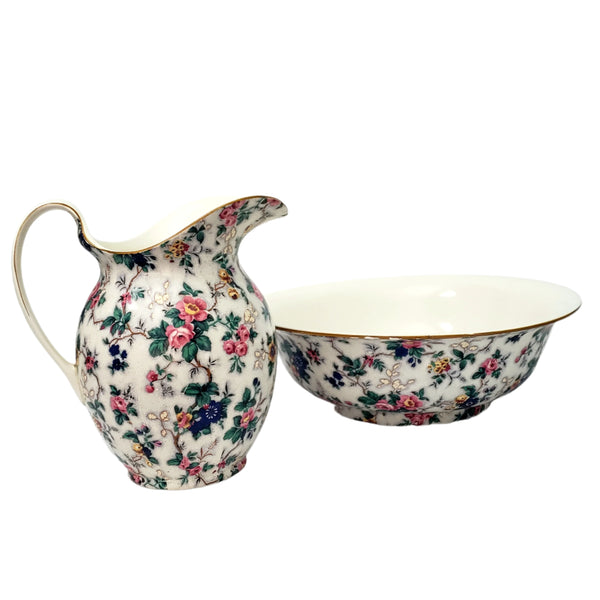 Large Antique English Crown Ducal Ware Chintz Pitcher & Wash Basin Set Ascot 1920s