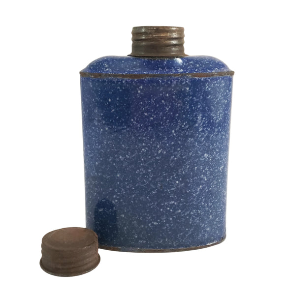 Antique Blue Enameled Flask with Original Lid
