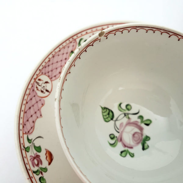 Antique Handless Cups & Saucers Set of 3 Whimsical Floral Pearlware England