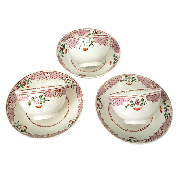 Antique Handless Cups & Saucers Set of 3 Whimsical Floral Pearlware England