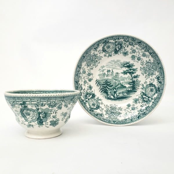 Antique Green Transferware Handleless Cup & Saucer TYROLEAN Staffordshire England
