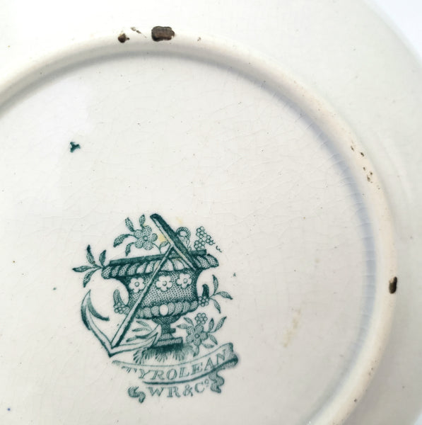 Antique Green Transferware Handleless Cup & Saucer TYROLEAN Staffordshire England
