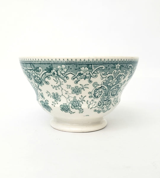 Antique Green Transferware Handleless Cup & Saucer TYROLEAN Staffordshire England