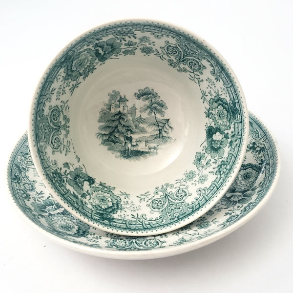 Antique Green Transferware Handleless Cup & Saucer TYROLEAN Staffordshire England