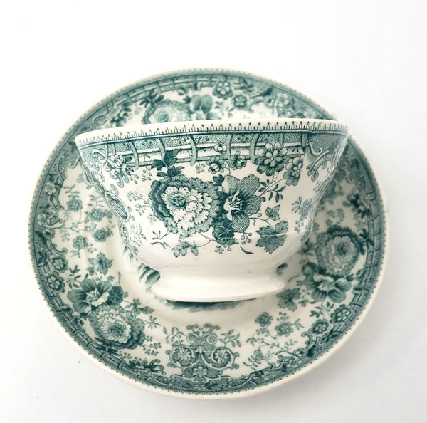 Antique Green Transferware Handleless Cup & Saucer TYROLEAN Staffordshire England