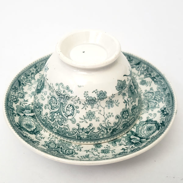 Antique Green Transferware Handleless Cup & Saucer TYROLEAN Staffordshire England