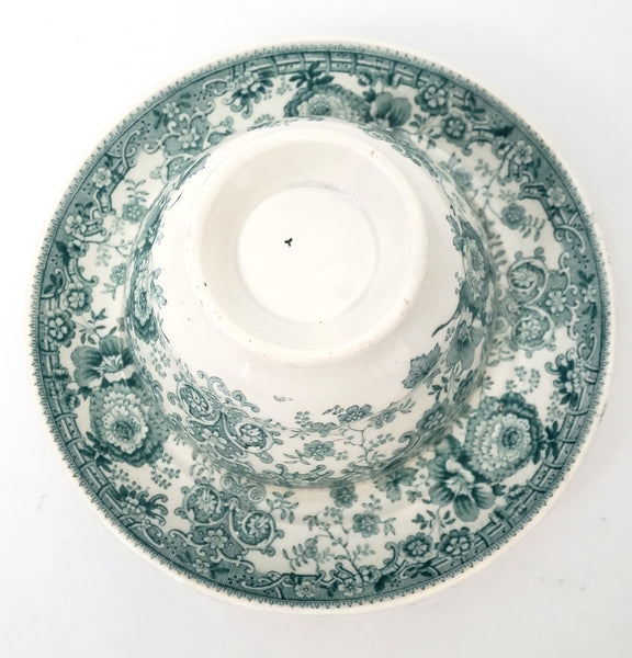 Antique Green Transferware Handleless Cup & Saucer TYROLEAN Staffordshire England
