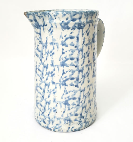 Antique Blue Spongeware Salt Glazed Stoneware Pitcher