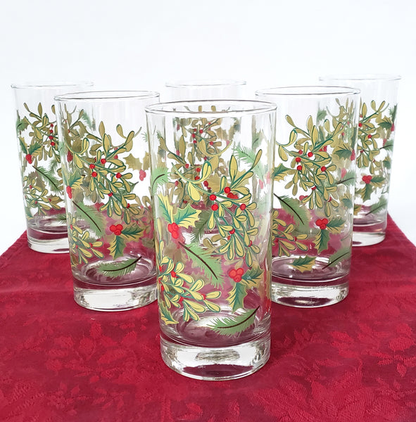 Festive Libbey Crisa 16 oz. Glass Tumblers Set of 6 Mistletoe & Holly