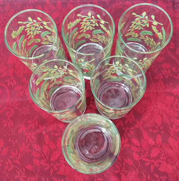 Festive Libbey Crisa 16 oz. Glass Tumblers Set of 6 Mistletoe & Holly