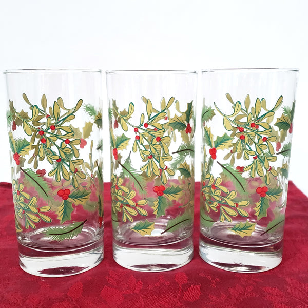 Festive Libbey Crisa 16 oz. Glass Tumblers Set of 6 Mistletoe & Holly