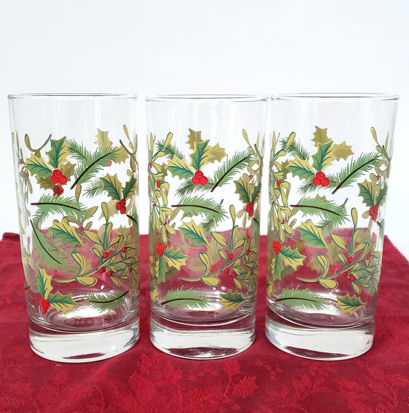 Festive Libbey Crisa 16 oz. Glass Tumblers Set of 6 Mistletoe & Holly