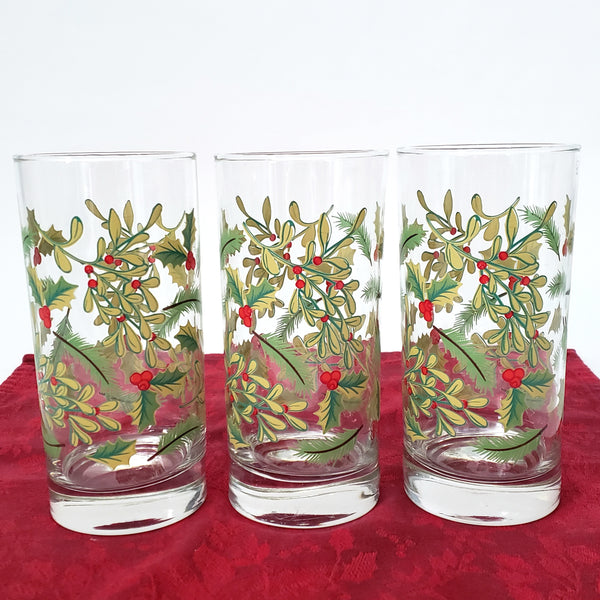 Festive Libbey Crisa 16 oz. Glass Tumblers Set of 6 Mistletoe & Holly