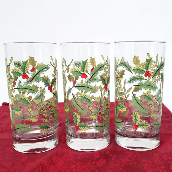 Festive Libbey Crisa 16 oz. Glass Tumblers Set of 6 Mistletoe & Holly