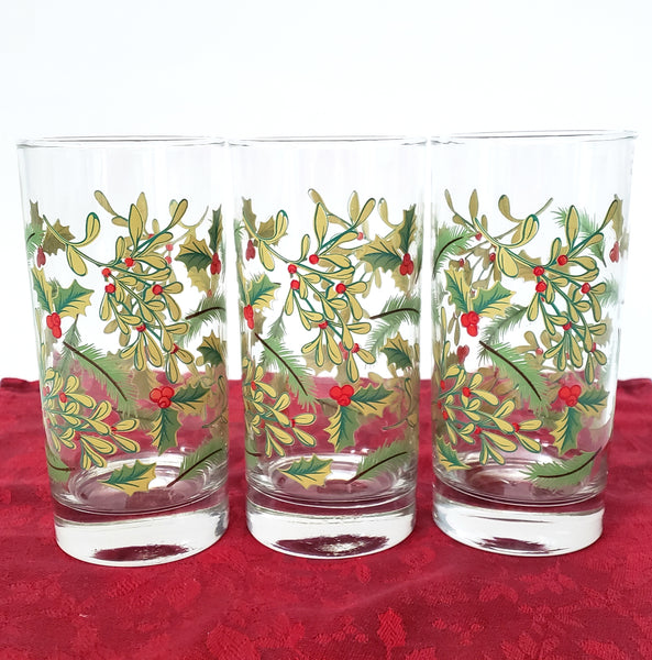 Festive Libbey Crisa 16 oz. Glass Tumblers Set of 6 Mistletoe & Holly