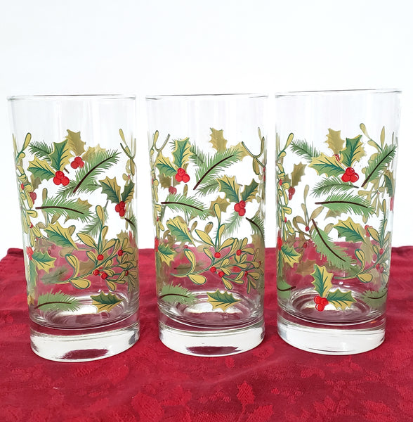 Festive Libbey Crisa 16 oz. Glass Tumblers Set of 6 Mistletoe & Holly