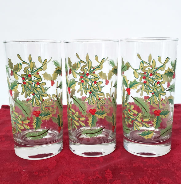 Festive Libbey Crisa 16 oz. Glass Tumblers Set of 6 Mistletoe & Holly
