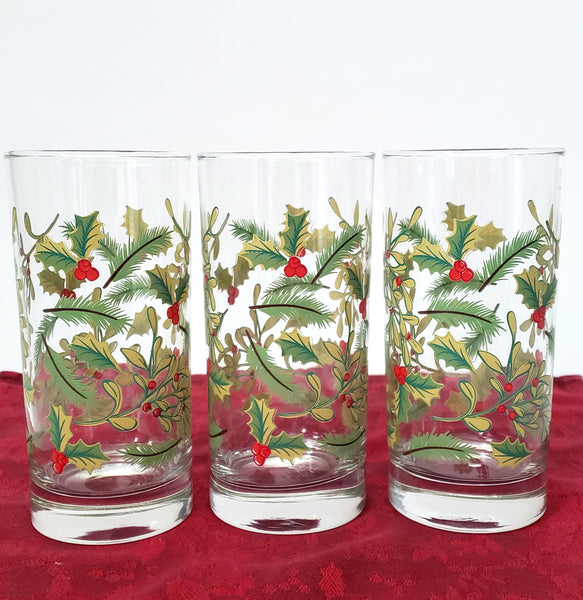Festive Libbey Crisa 16 oz. Glass Tumblers Set of 6 Mistletoe & Holly