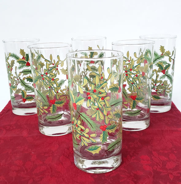 Festive Libbey Crisa 16 oz. Glass Tumblers Set of 6 Mistletoe & Holly