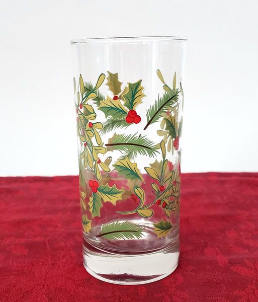 Festive Libbey Crisa 16 oz. Glass Tumblers Set of 6 Mistletoe & Holly