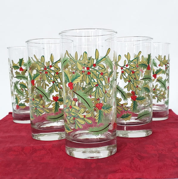 Festive Libbey Crisa 16 oz. Glass Tumblers Set of 6 Mistletoe & Holly