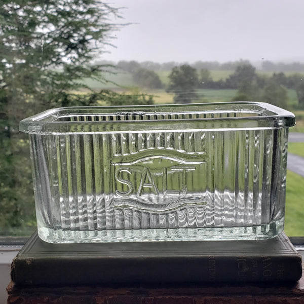 Vintage Hoosier Style Rectangular Ribbed Glass Salt Box