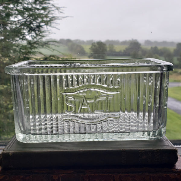 Vintage Hoosier Style Rectangular Ribbed Glass Salt Box