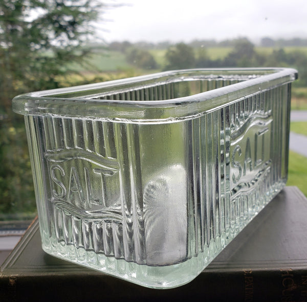 Vintage Hoosier Style Rectangular Ribbed Glass Salt Box