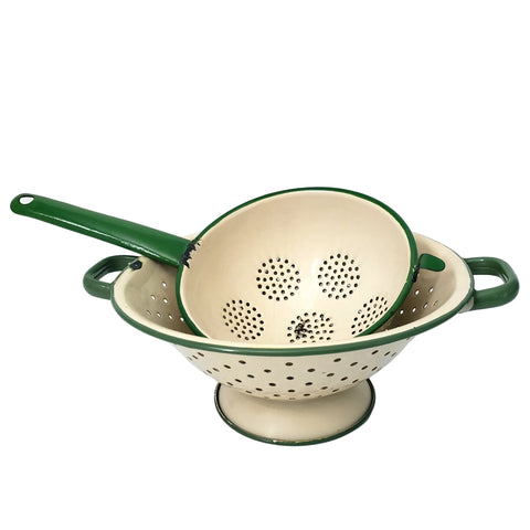 Vintage Cream & Green Enamelware Colander & Strainer Kitchen Décor