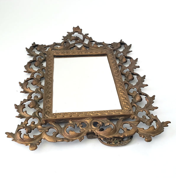 Vintage Ornate Metal Table-Top Vanity Mirror Fold Over Back Stand 16"