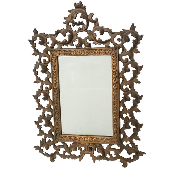 Vintage Ornate Metal Table-Top Vanity Mirror Fold Over Back Stand 16"