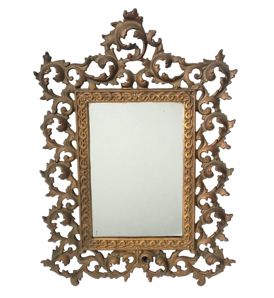 Vintage Ornate Metal Table-Top Vanity Mirror Fold Over Back Stand 16"