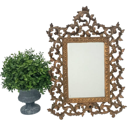 Vintage Ornate Metal Table-Top Vanity Mirror Fold Over Back Stand 16"