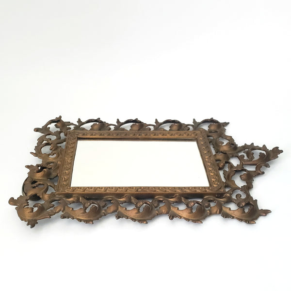 Vintage Ornate Metal Table-Top Vanity Mirror Fold Over Back Stand 16"